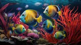 Fototapeta Dmuchawce - Colorful tropical discus fish gracefully navigate vibrant coral reefs, Ai Generated.