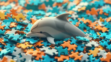 Wall Mural - Cute dolphin engrossed in a jigsaw puzzle, adding a whimsical touch, Ai Generated.