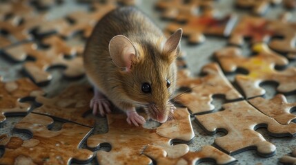 Wall Mural - Cute mouse engrossed in a jigsaw puzzle, adding a whimsical touch, Ai Generated.