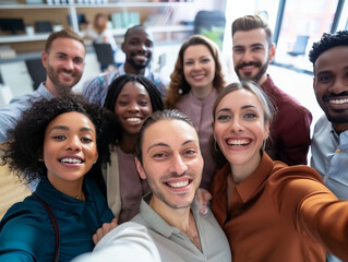 Wall Mural - Multicultural happy people taking group selfie portrait in the office, diverse people celebrating together, Happy lifestyle and teamwork concept