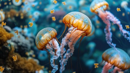 Wall Mural - Cute jellyfish engrossed in a jigsaw puzzle, adding a whimsical touch, Ai Generated.