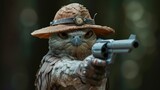 Fototapeta Dmuchawce - a bird in a hat brandishing a gun. Ai Generated.