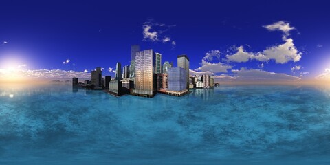 Wall Mural - HDRI, environment map, Round panorama, spherical panorama, equidistant projection, city above water
3D rendering