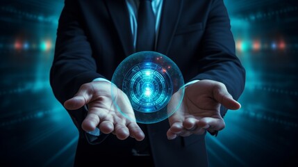 Wall Mural - businessman holding security button on virtual screens, technology internet and networking concept