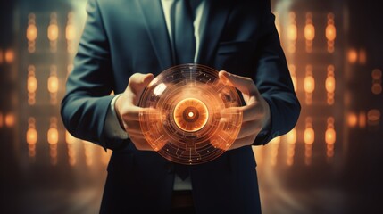 Wall Mural - businessman holding security button on virtual screens, technology internet and networking concept