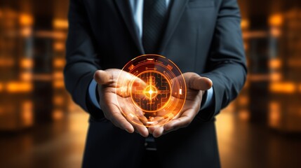 Wall Mural - businessman holding security button on virtual screens, technology internet and networking concept