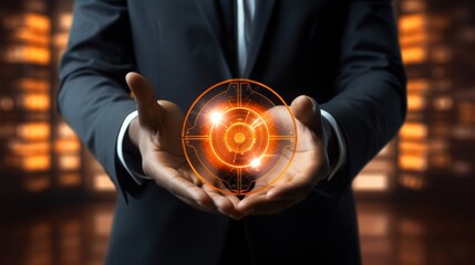 Wall Mural - businessman holding security button on virtual screens, technology internet and networking concept
