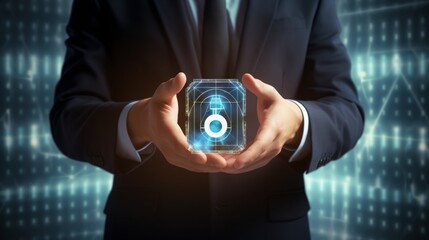 Wall Mural - businessman holding security button on virtual screens, technology internet and networking concept