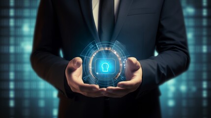 Wall Mural - businessman holding security button on virtual screens, technology internet and networking concept