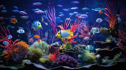 Wall Mural - Ornamental fish with vivid stripe patterns swim gracefully in a school, Ai Generated.