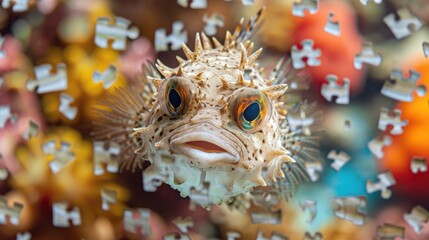 Wall Mural - Whimsical top view of a cute porcupinefish solving a jigsaw puzzle, charming and unique. Ai Generated