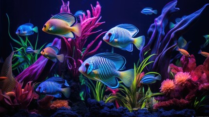  Ornamental fish with vivid stripe patterns swim gracefully in a school, Ai Generated.