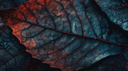 Canvas Print - Close-up of an autumn leaf's intricate texture, showcasing vibrant hues. Ai Generated