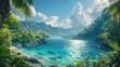 Paradise Found, Depict an idyllic paradise, where lush landscapes meet crystal-clear waters under a perfect sky, inviting viewers to imagine themselves in a blissful utopia