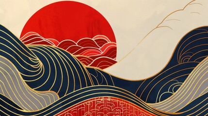 Wall Mural - Japanese-Inspired Abstract Art: A Geometric Line Wave Pattern Illustration on a Background Banner