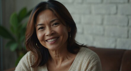 Portrait of beautiful mid age single filipina woman smiling looking at the camera, living room background from Generative AI