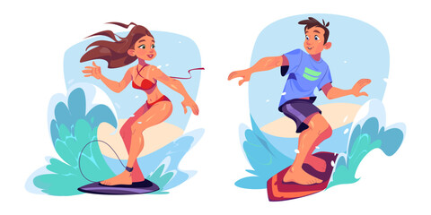 surfers catching and riding wave on board. cartoon vector illustration set of young man and woman st