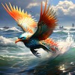 A digital painting of a bird with a rainbow-colored feather flying over the sea. A digital painting of a colorful bird with a large wingspan flying over choppy waves in the ocean. The bird has a mix o