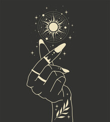 Wall Mural - Magic sun and woman hands. Alchemy esoteric magic space, vector isolated on black background.