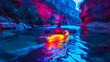 Kayaking down a fluorescent river its waters reflecting the brilliant hues of the surrounding landscape creating a serene yet exhilarating adventure