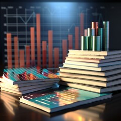 Wall Mural - A stack of books with graphs and charts in the background