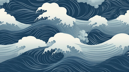  Hand-drawing abstract Japanese wave background with line wave pattern. Japanese ancient style. Mountain landscape and ocean object in oriental style, blue, indigo and green tone