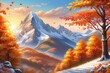 the illustration of autumn landscape of mountains and trees
