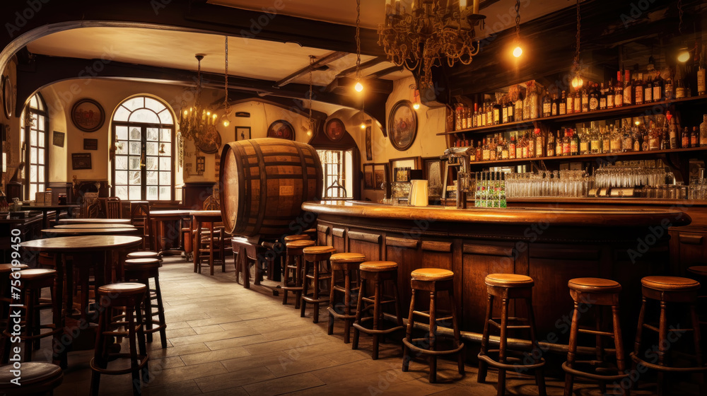 Professional photo of an old beer pub with beer barrels. The atmosphere of a traditional beer pub. Generative AI