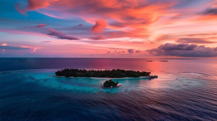 Poster - Aerial view of a beautiful paradise island in the Maldives, Indian Ocean, during a colorful sunset