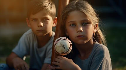 girl and boy sitting and holding baseball bat, glove and ball