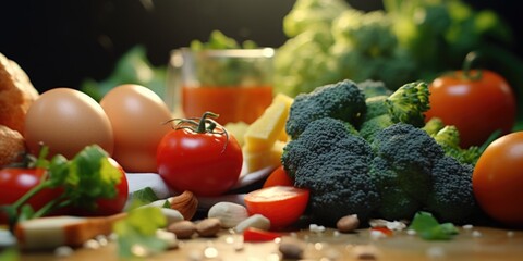 Wall Mural - Table full of fresh vegetables and fruits including tomatoes, broccoli