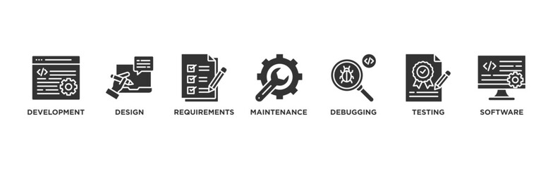 Agile banner web icon vector illustration concept with icon of development, design, requirements, maintenance, debugging, testing and software