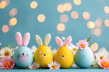 Wall Mural - Group of Easter eggs with bunny faces are arranged on blue background