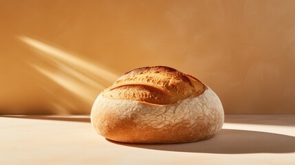 Loaf of bread sits on table in front of wall