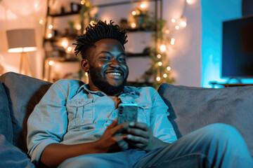 Man is sitting on couch and smiling while holding cell phone