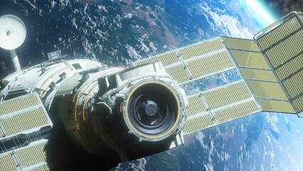 Wall Mural - a spaceship flying in space orbiting a planet