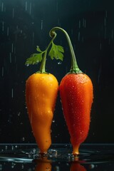 Wall Mural - Two peppers are shown in watery setting