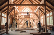 Wide shot of craftsmen setting up the framework for a timber house.Generative AI.industry concept