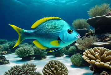 Wall Mural - School green fish swimming in blue ocean water tropical under water. Fishes in underwater wild animal world. Observation of wildlife Indian ocean. Scuba diving adventure in Maldives coast. Copy space