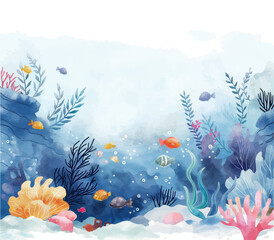 Sticker - Underwater scene with coral reef, fish and seaweed. Vector watercolor illustration.