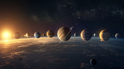 panoramic view of planets in distant solar system in space rendering.