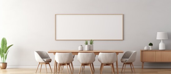 Canvas Print - An interior design featuring a dining room with a wooden rectangular table and chairs, hardwood flooring, and a white board on the wall