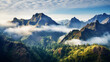 Foggy Madeira mountains with peaks in the clouds