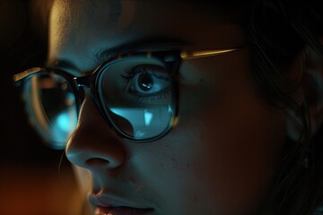 Wall Mural - A woman with glasses looks at the screen of the gadget. The image looks gloomy and mysterious, as the woman's gaze is intense and focused. Glasses add sophistication to the image