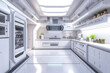 futuristic clean white space station style interior of kitchen room. Neural network generated image. Not based on any actual scene or pattern.