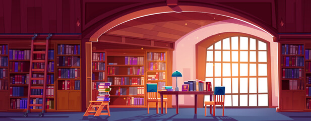 Wall Mural - Public library with many books on shelves in case with ladder, in stack on wooden table with chair and lamp. Cartoon vector public bookstore with literature for school study or reading concept.