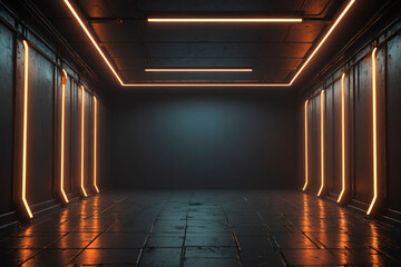 Wall Mural - A dark room with a long hallway with orange lights