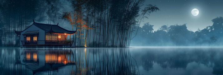 Wall Mural - Scenic Misty calm morning in the lake with Asian traditional house