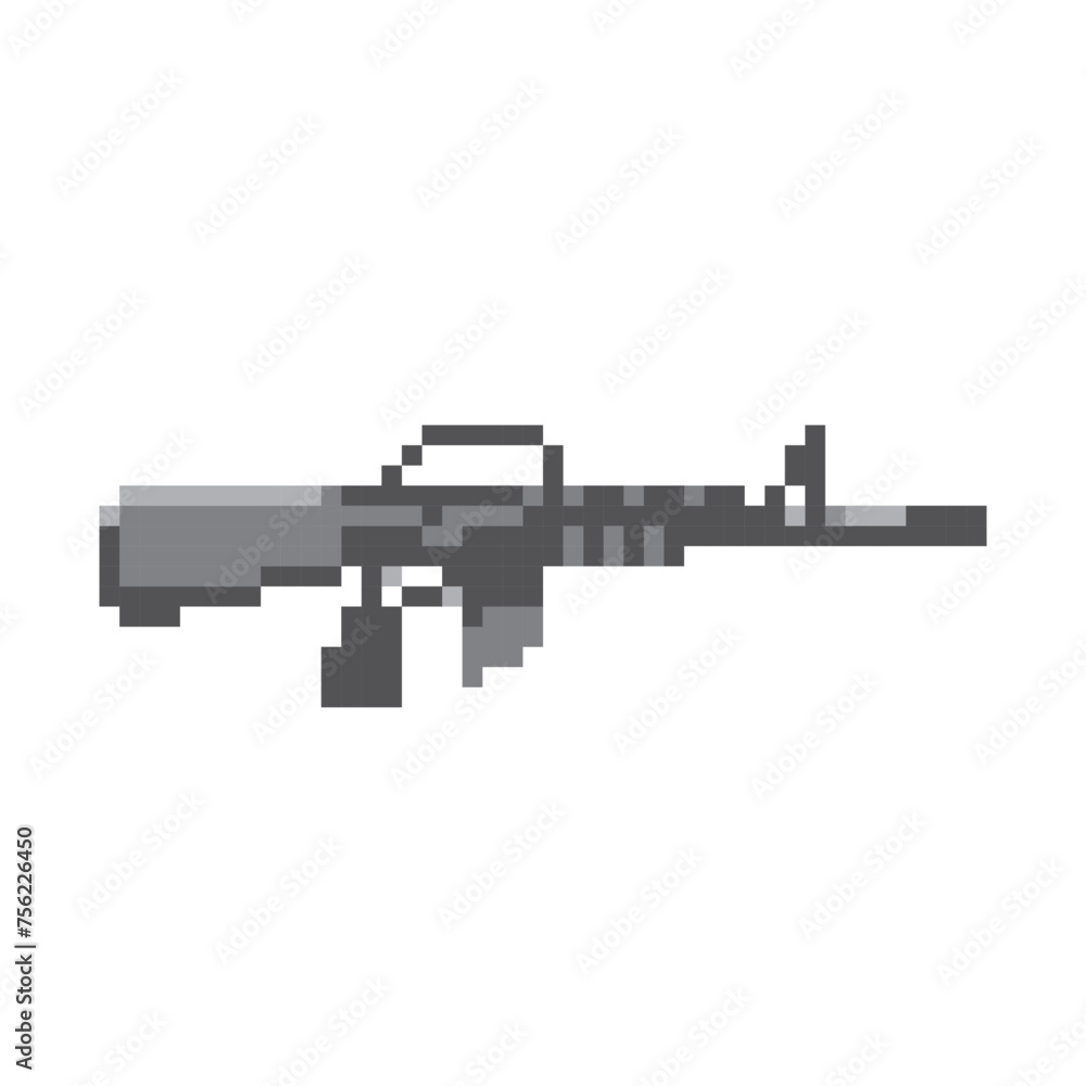 Assault rifle. 8 bit video game. 8-bit sprite. isolated vector illustration. Design for stickers, logo, embroidery, mobile app.