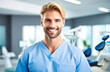 Professional friendly european male doctor in medical coat workwear posing over light at meeting room background, young adult physician with stethoscope looking and smiling at camera. Clinic interior